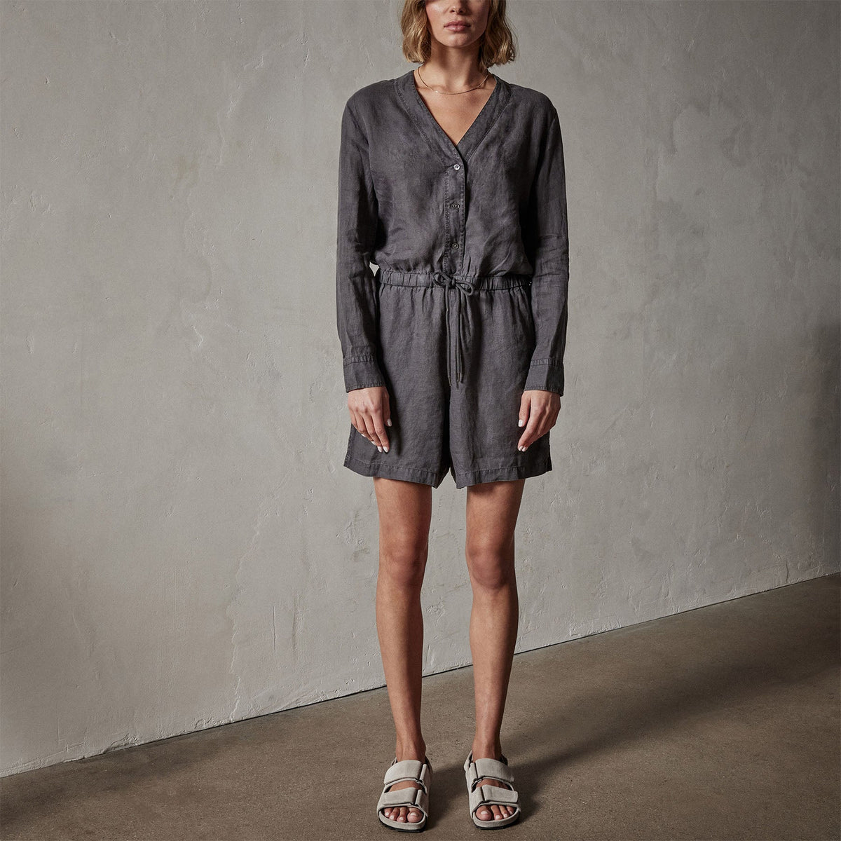 Linen Baseball Romper in Magma Pigment | James Perse Los Angeles