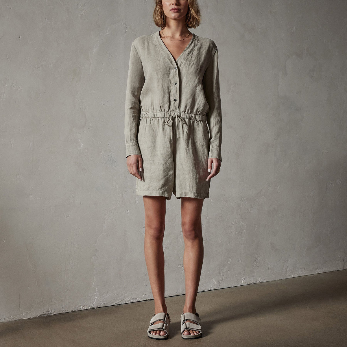 Linen Baseball Romper in Silt Pigment | James Perse Los Angeles