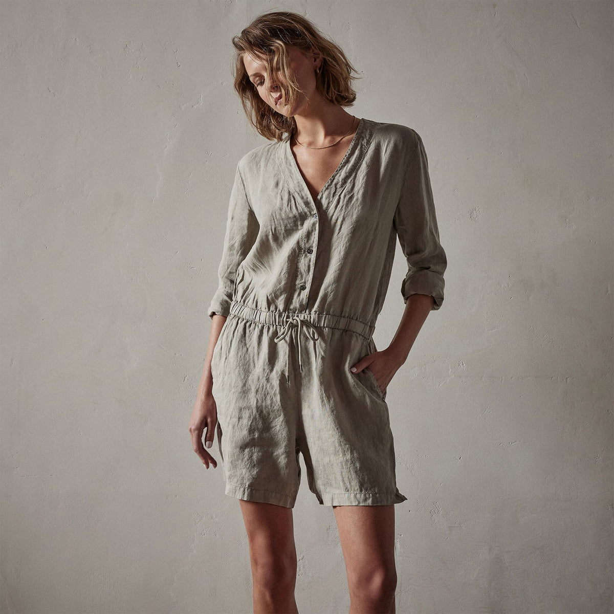 Lightweight Linen Romper in Silt Pigment | James Perse Los Angeles