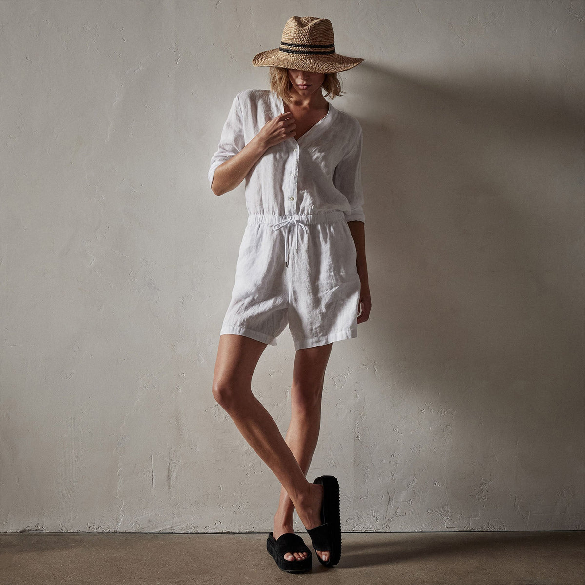Linen Baseball Romper in White | James Perse Los Angeles