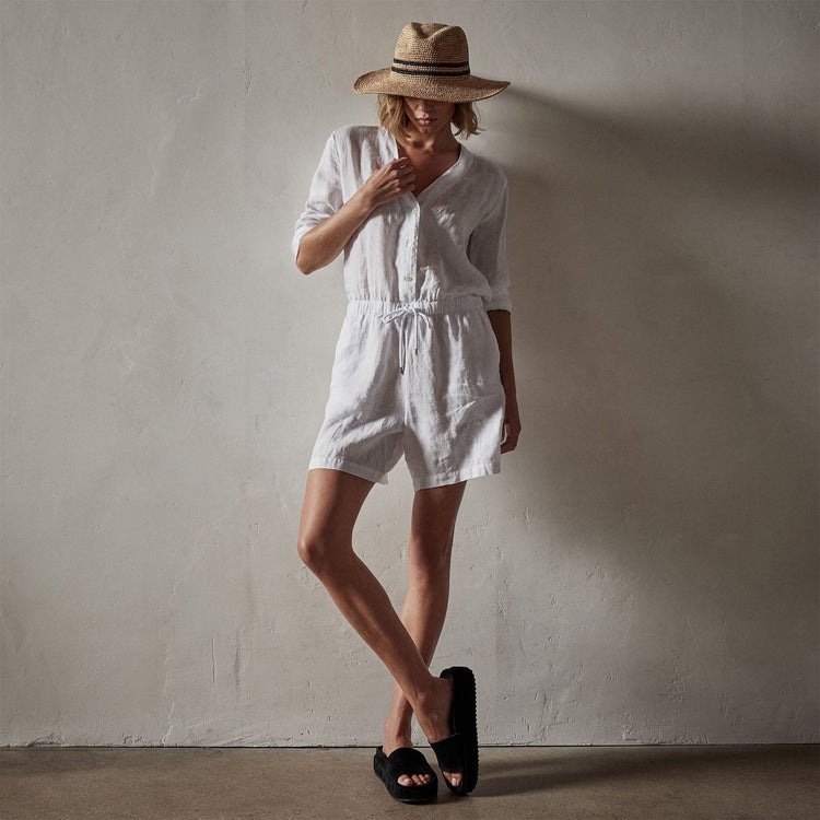 Linen Baseball Romper in White | James Perse Los Angeles