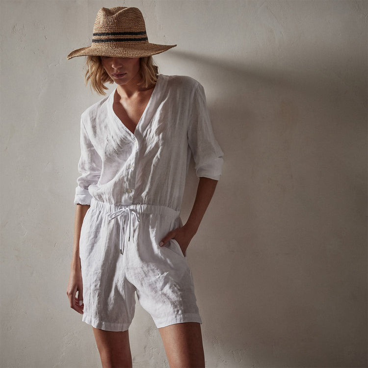 Linen Baseball Romper in White | James Perse Los Angeles