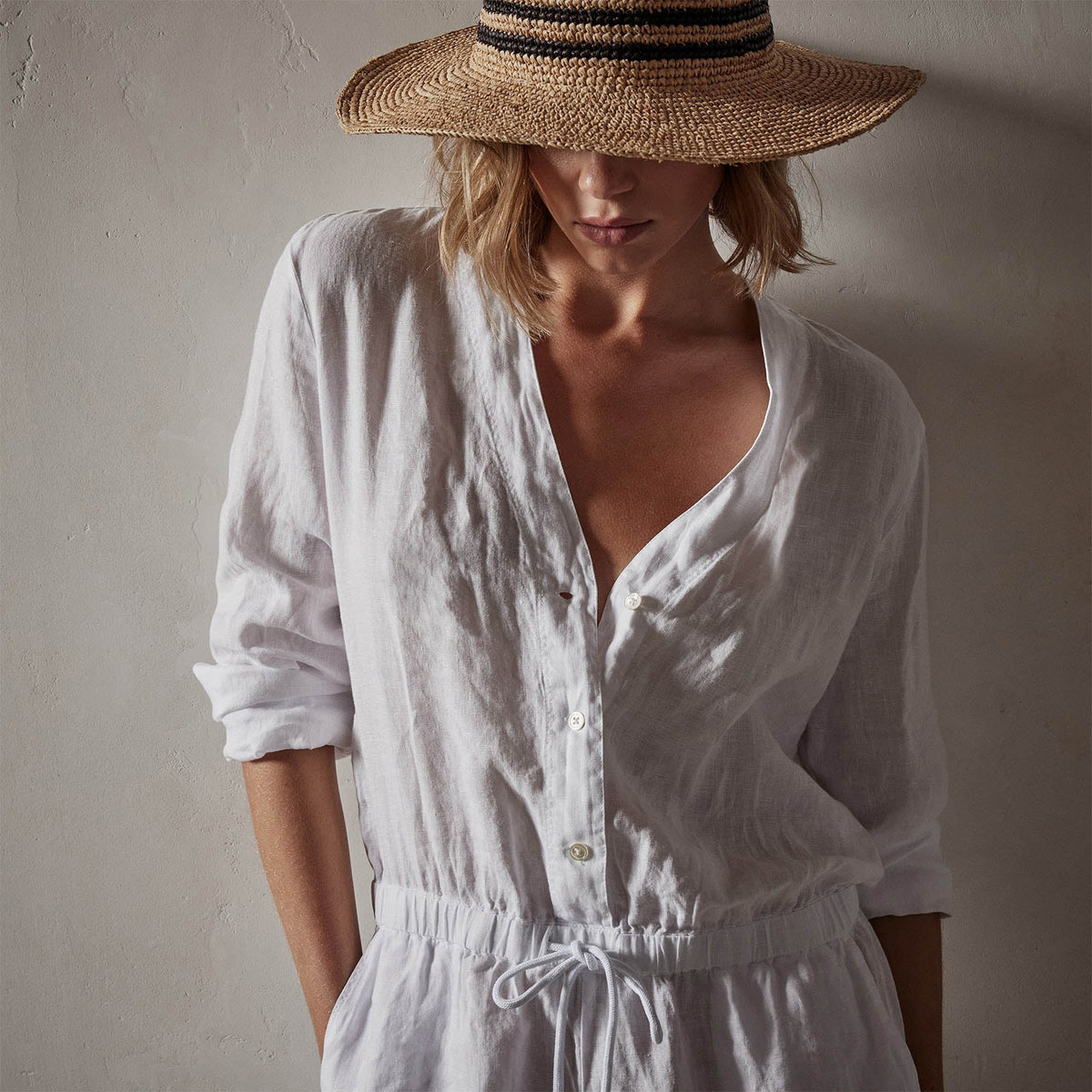 Linen Baseball Romper in White | James Perse Los Angeles