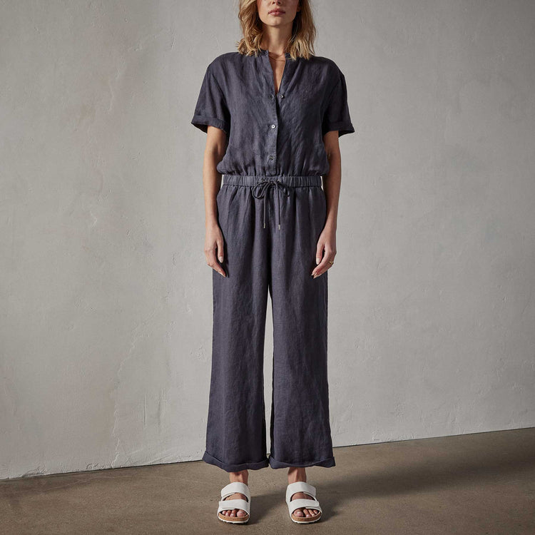 Lightweight Linen Collarless jumpsuit in Blue Oil | James Perse Los Angeles 