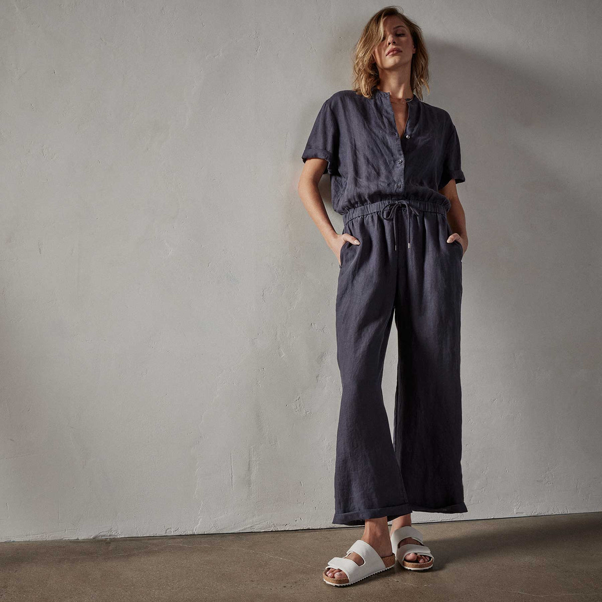 Lightweight Linen Collarless jumpsuit in Blue Oil | James Perse Los Angeles 