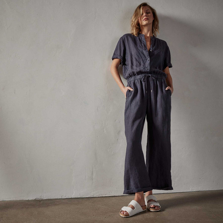 Lightweight Linen Collarless jumpsuit in Blue Oil | James Perse Los Angeles 