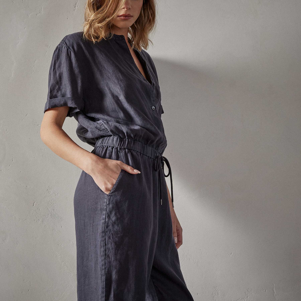 Lightweight Linen Collarless jumpsuit in Blue Oil | James Perse Los Angeles 
