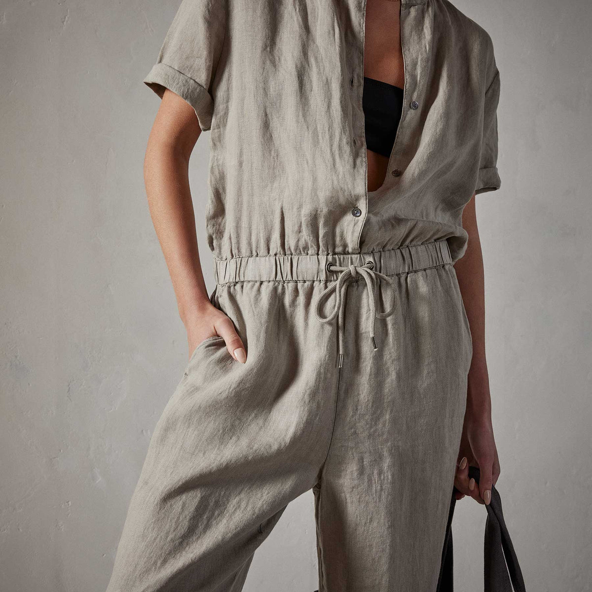 Lightweight Linen Collarless Jumpsuit in Silt Pigment | James Perse Los Angeles 
