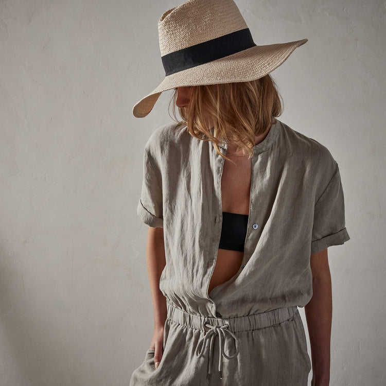 Lightweight Linen Collarless Jumpsuit in Silt Pigment | James Perse Los Angeles 