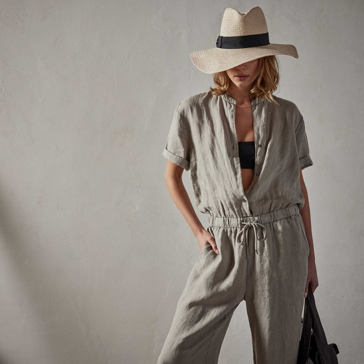 Lightweight Linen Collarless Jumpsuit in Silt Pigment | James Perse Los Angeles 