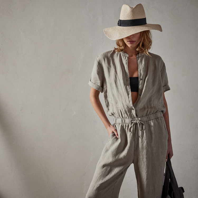 Lightweight Linen Collarless Jumpsuit in Silt Pigment | James Perse Los Angeles 