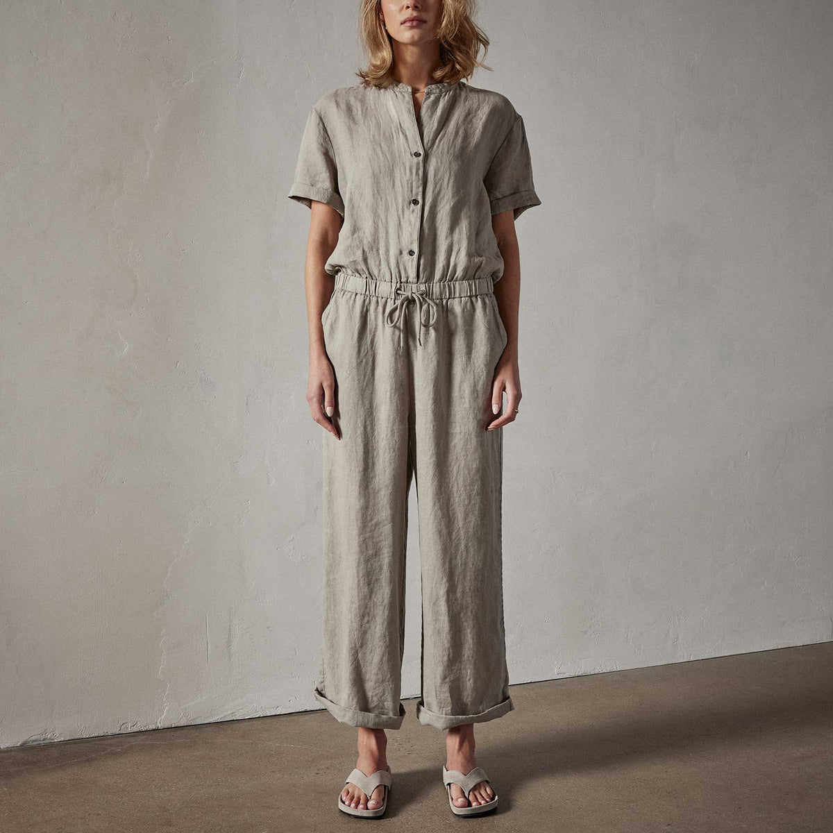 Lightweight Linen Collarless Jumpsuit in Silt Pigment | James Perse Los Angeles 