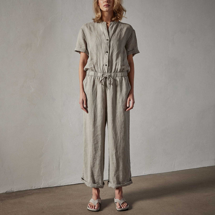Lightweight Linen Collarless Jumpsuit in Silt Pigment | James Perse Los Angeles 