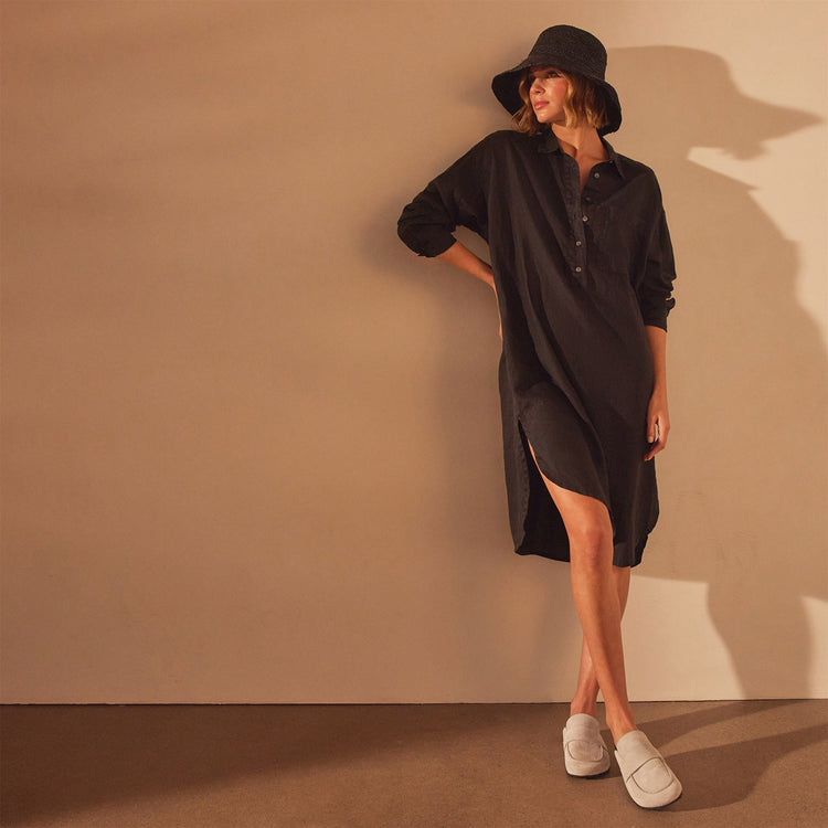 Linen Shirt Dress in Black | James Perse Los Angeles