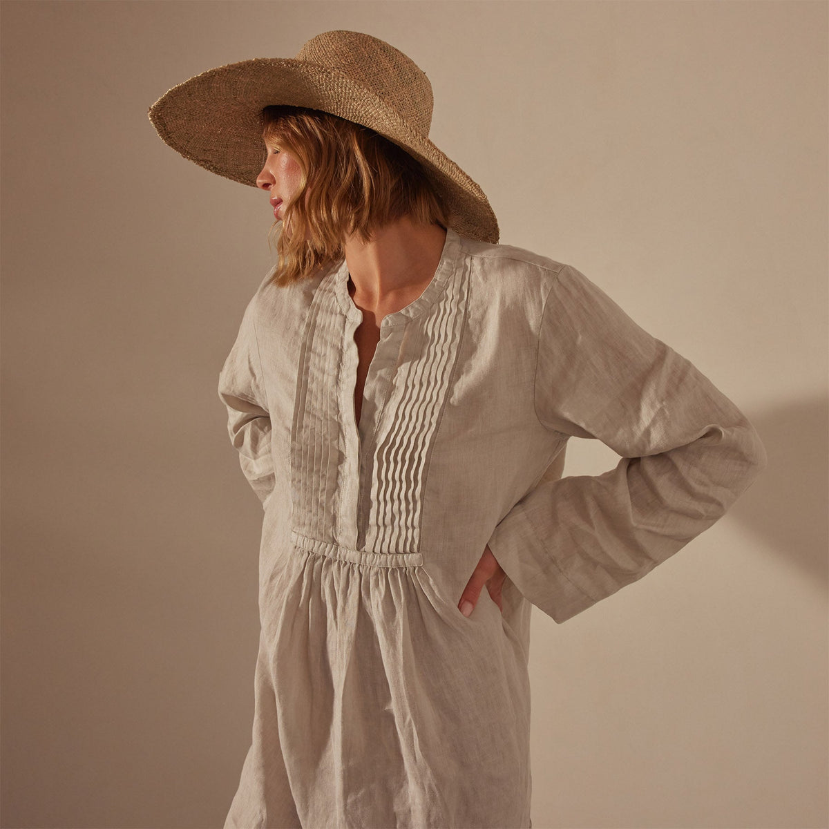 Garment Dye Linen Pin Tuck Dress in Salt Pigment | James Perse Los Angeles