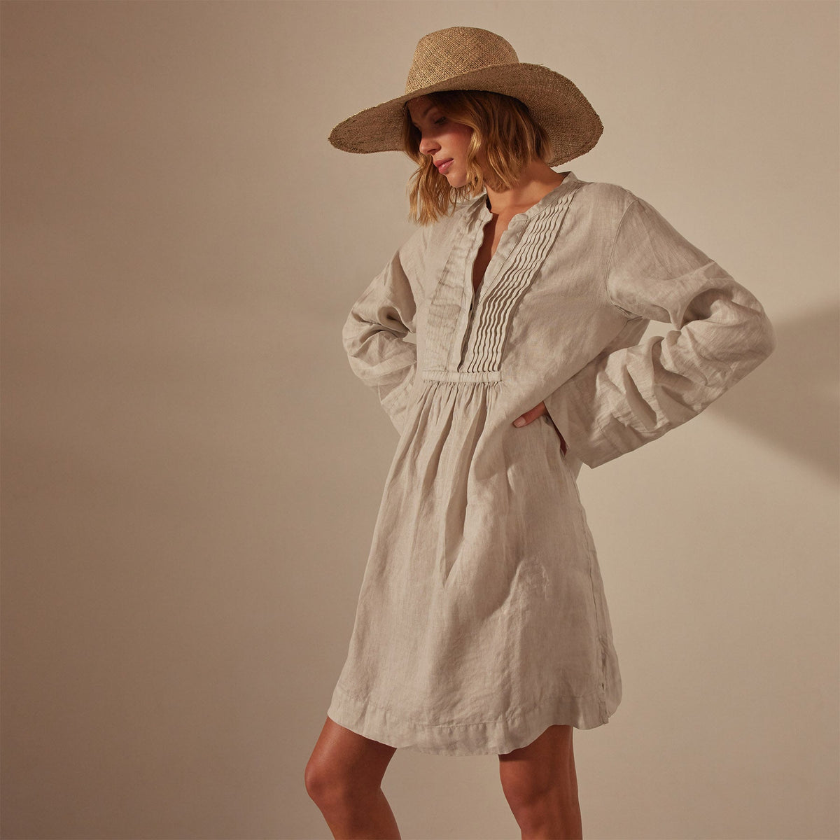 Garment Dye Linen Pin Tuck Dress in Salt Pigment | James Perse Los Angeles