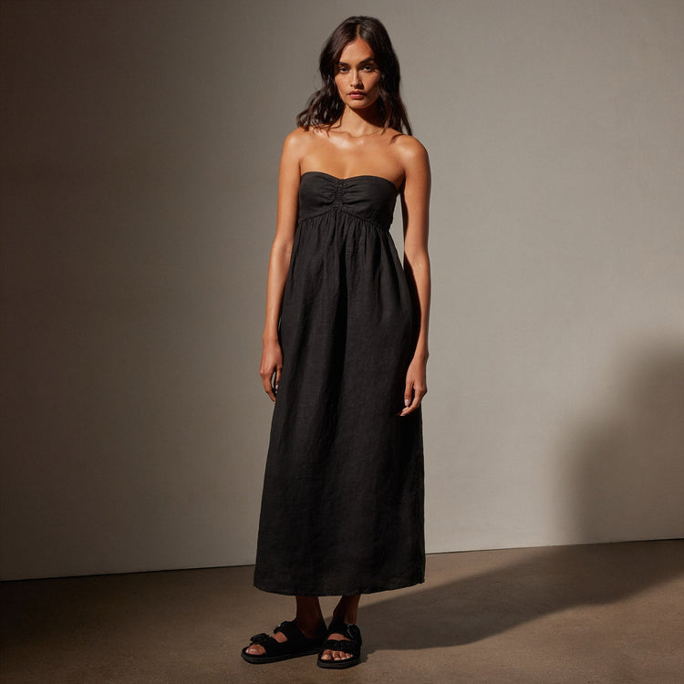 Linen Gathered Tube Dress in Black | James Perse Los Angeles