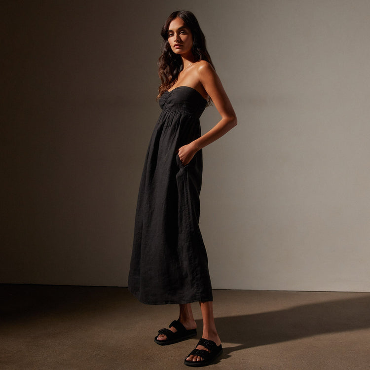 Linen Gathered Tube Dress in Black | James Perse Los Angeles
