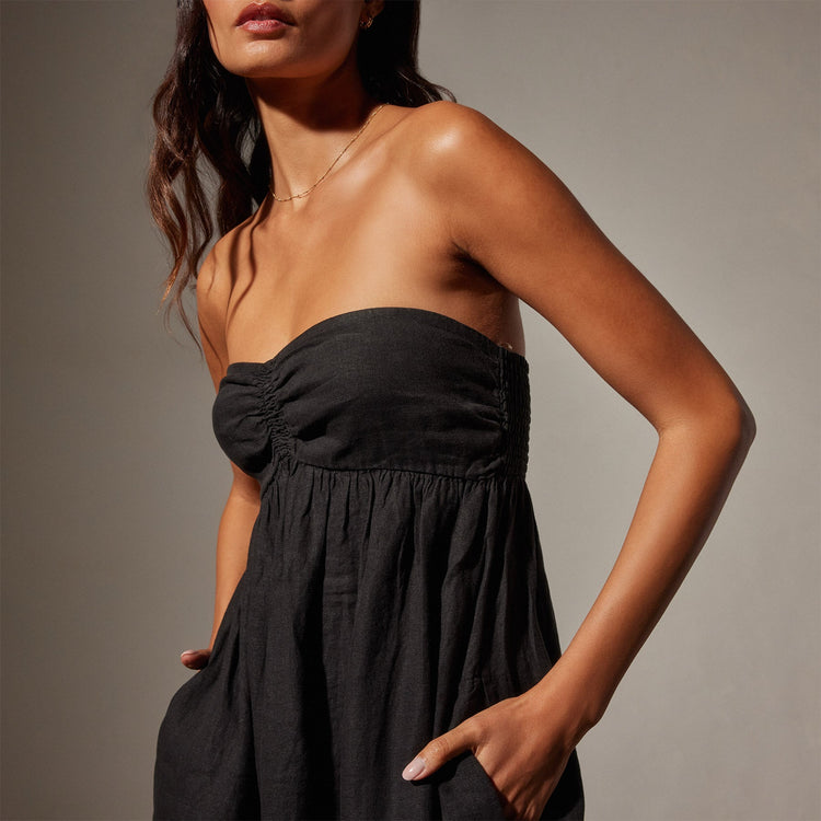 Linen Gathered Tube Dress in Black | James Perse Los Angeles