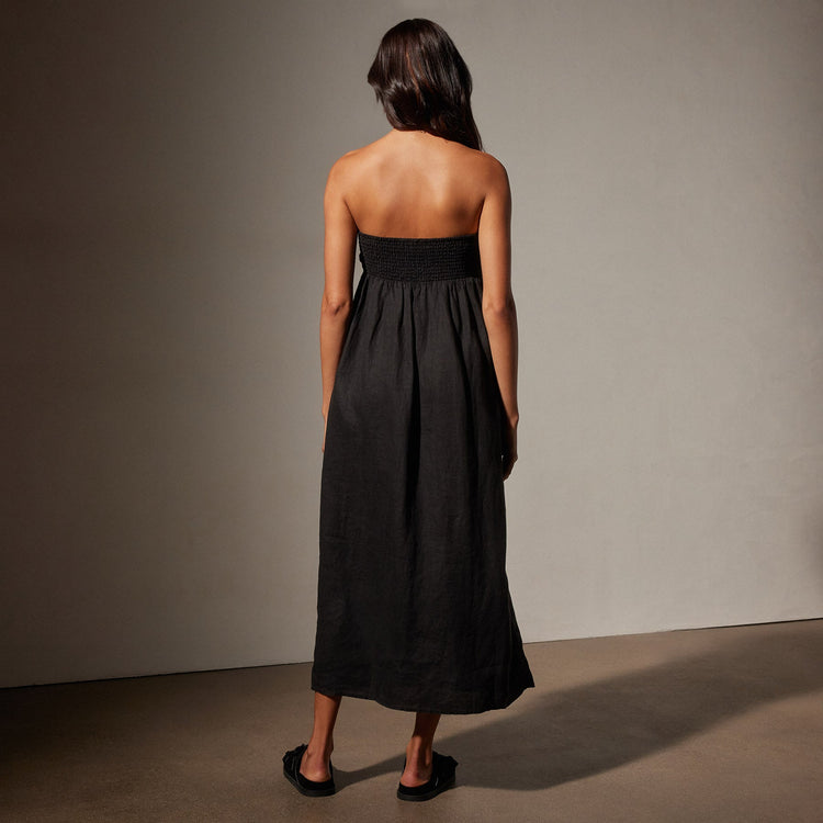 Linen Gathered Tube Dress in Black | James Perse Los Angeles