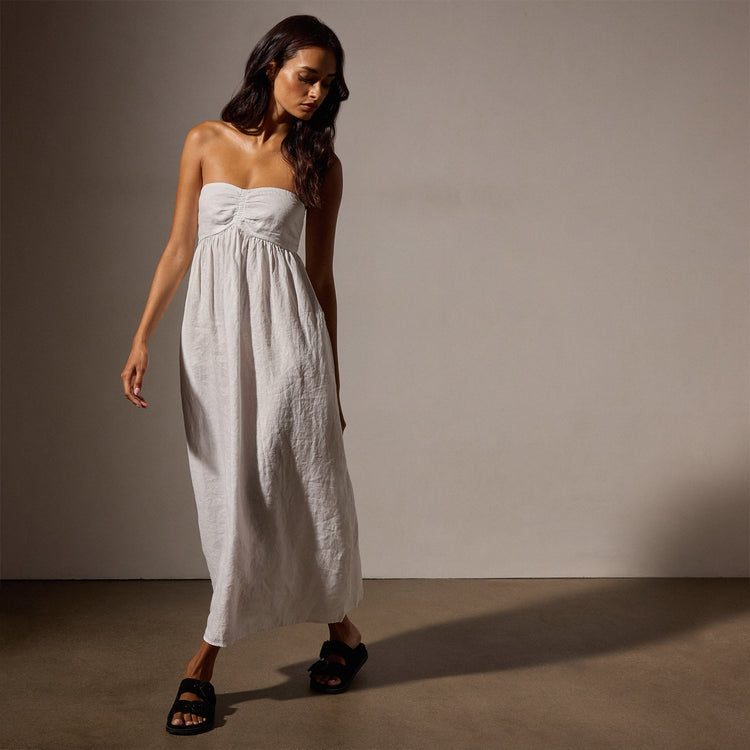 Linen Gathered Tube Dress in White | James Perse Los Angeles