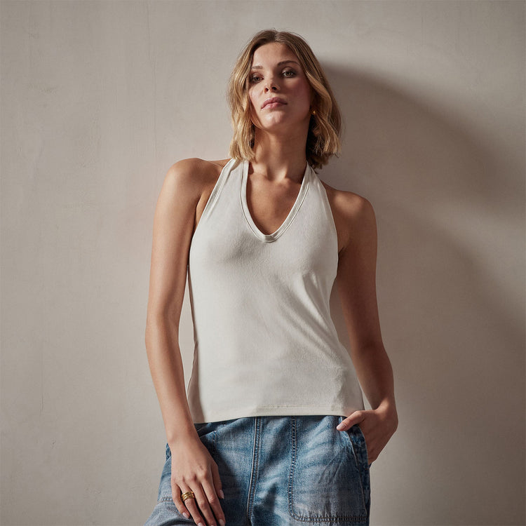 Stretch Velvet Halter Neck Top in Canvas | James Perse Los Angeles