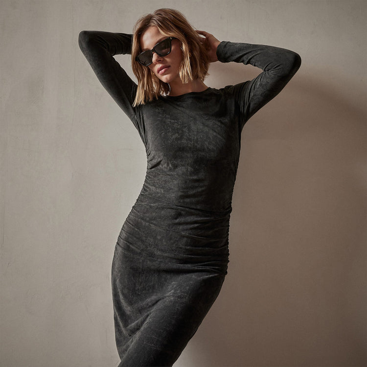 Ruched Velvet Long Sleeve Dress in Carbon | James Perse Los Angeles