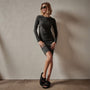 Ruched Velvet Long Sleeve Dress in Carbon | James Perse Los Angeles