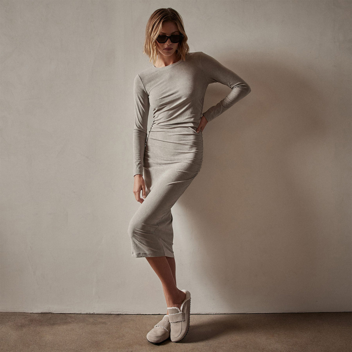 Ruched Velvet Long Sleeve Dress in Dapple | James Perse Los Angeles