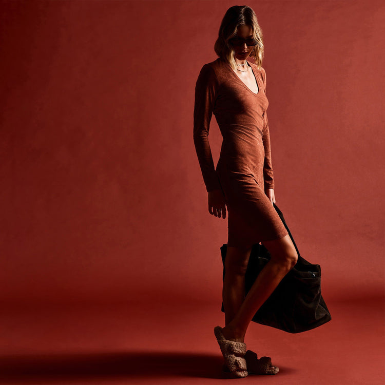 V Neck Velvet Dress in Goji | James Perse Los Angeles