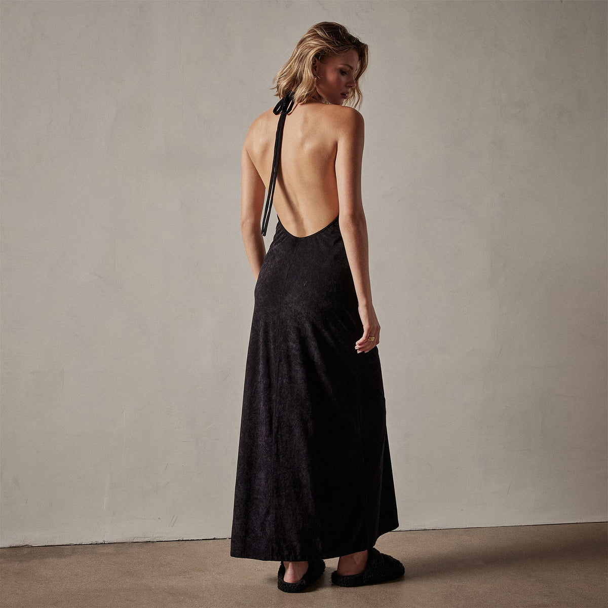 Stretch Velvet Halter Dress in Black | James Perse Los Angeles