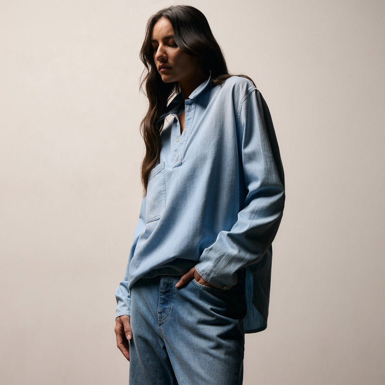 Lightweight Denim Patch Pocket Top in Malibu Vintage | James Perse Los Angeles