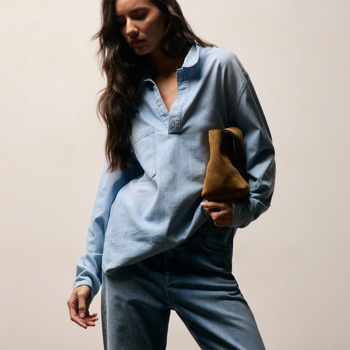 Lightweight Denim Patch Pocket Top in Light Blue Wash | James Perse Los Angeles