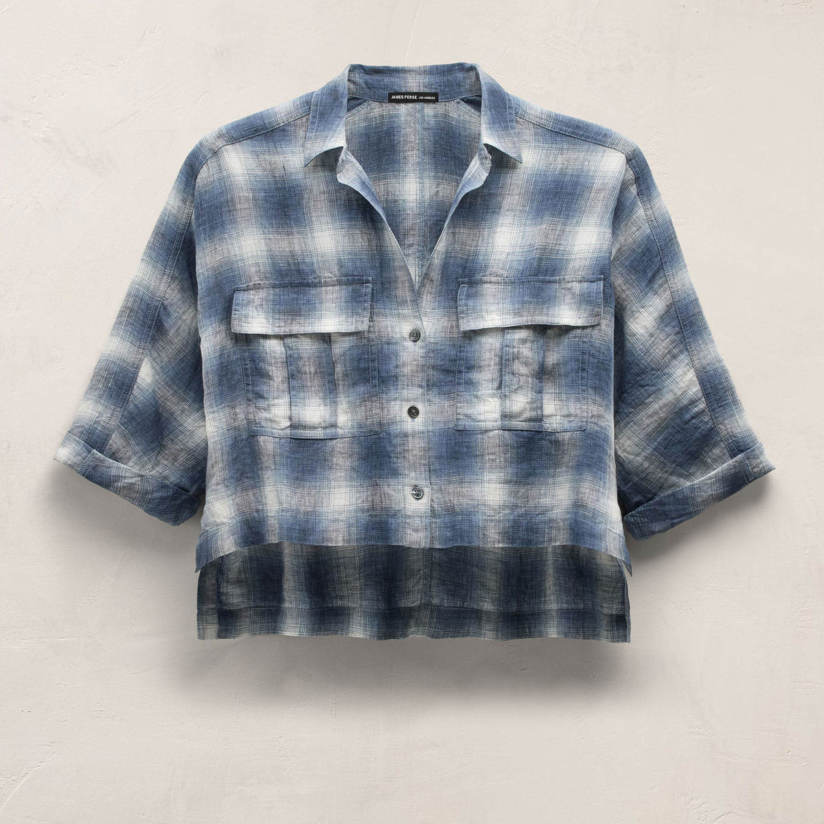 Plaid Linen Crop Shirt in Blue Plaid | James Perse Los Angeles