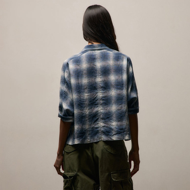 Plaid Linen Cropped Pocket Shirt in Blue Plaid | James Perse Los Angeles