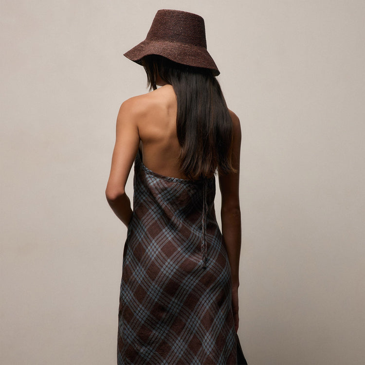 Plaid Linen Halter Dress in Plum Plaid | James Perse Los Angeles