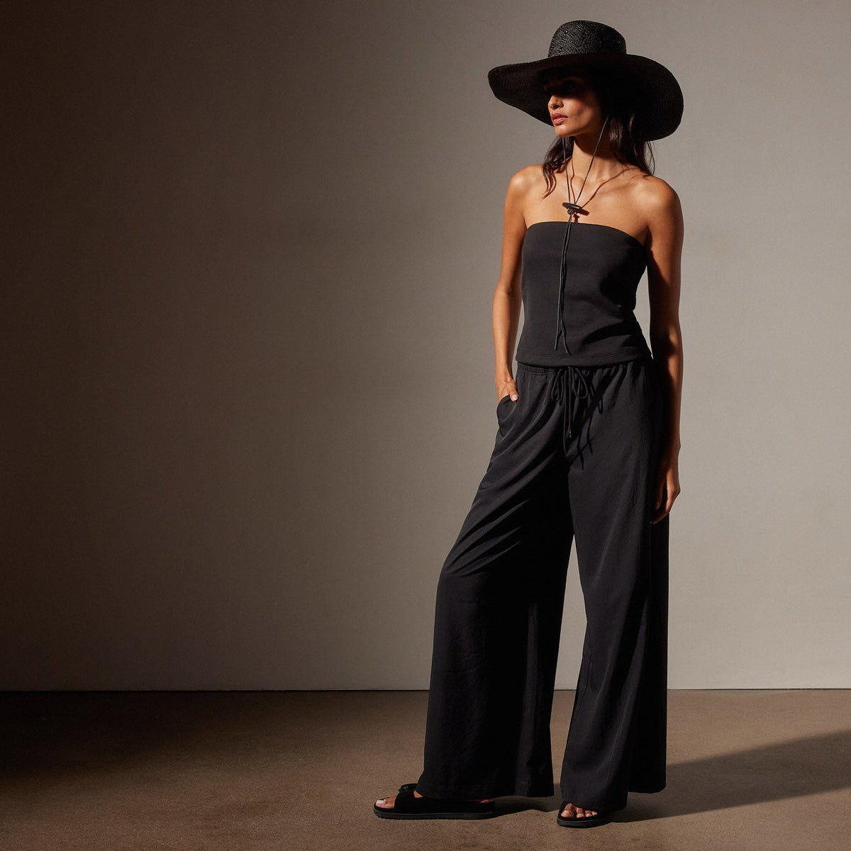 Lightweight Matte Satin Wide Leg Pant in Black | James Perse Los Angeles