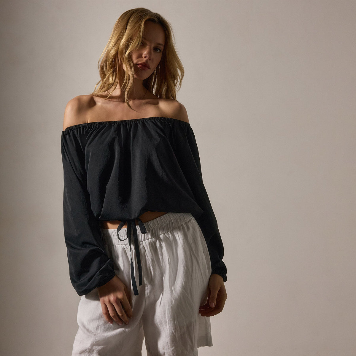 Matte Poly Gathered Blouse in Black | James Perse Los Angeles