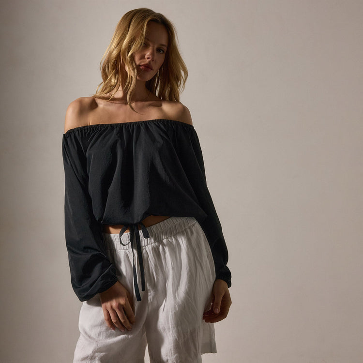 Matte Poly Gathered Blouse in Black | James Perse Los Angeles