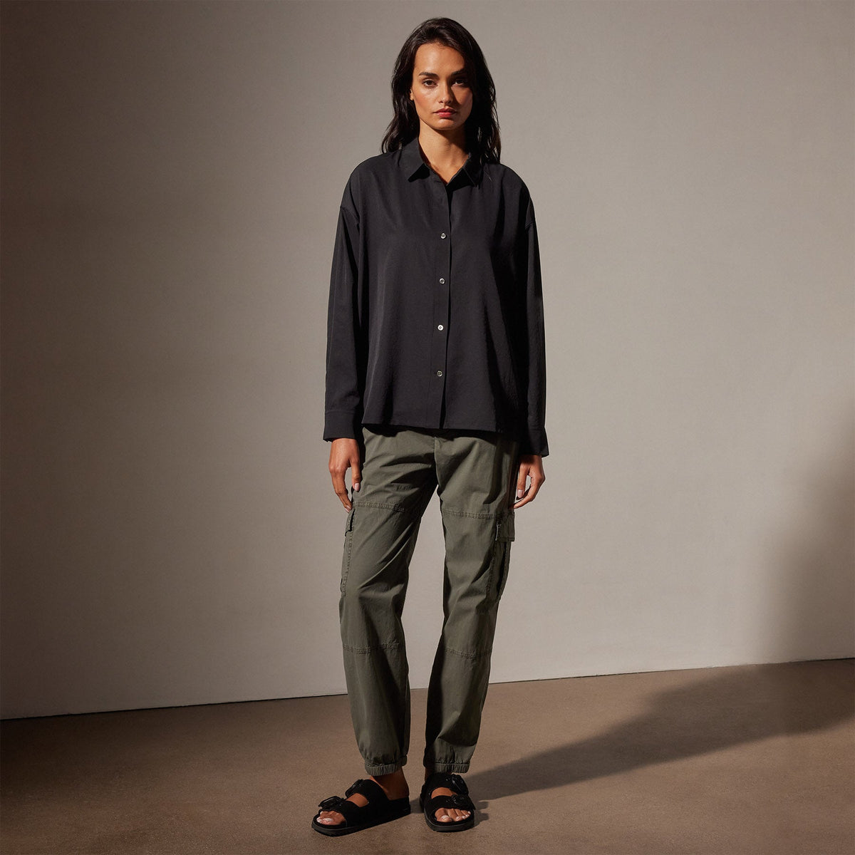 Lightweight Matte Satin Fluid Shirt in Black | James Perse Los Angeles