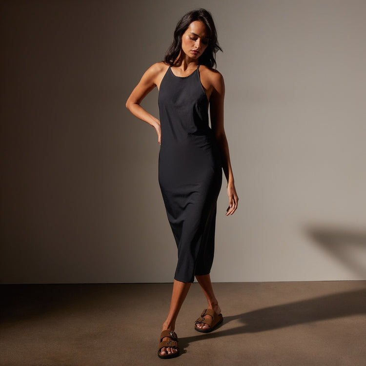 Lightweight Matte Sateen Halter Neck Dress in Black | James Perse in Los Angeles