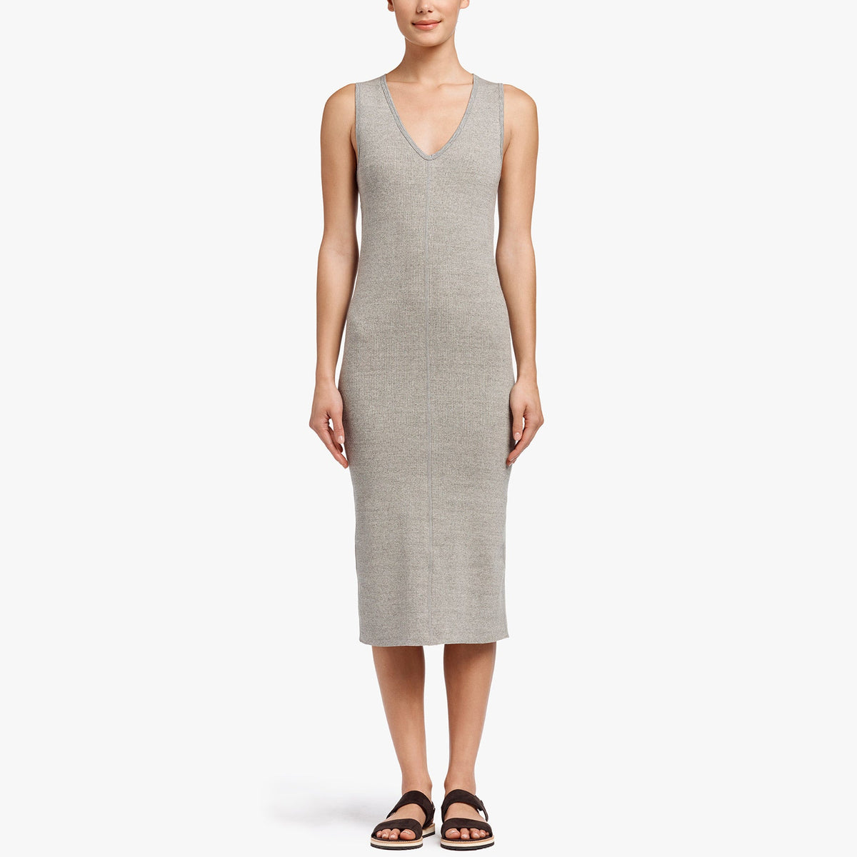 Contrast Binding Fitted Rib Dress - Pale Heather Grey | James Perse Los Angeles