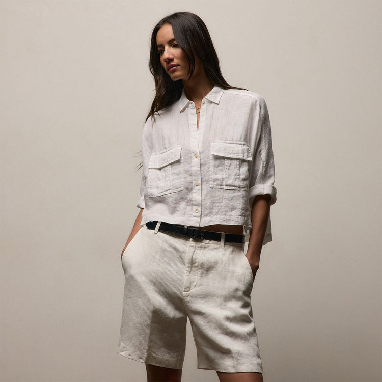 Linen Cropped Pocket Shirt in White | James Perse Los Angeles