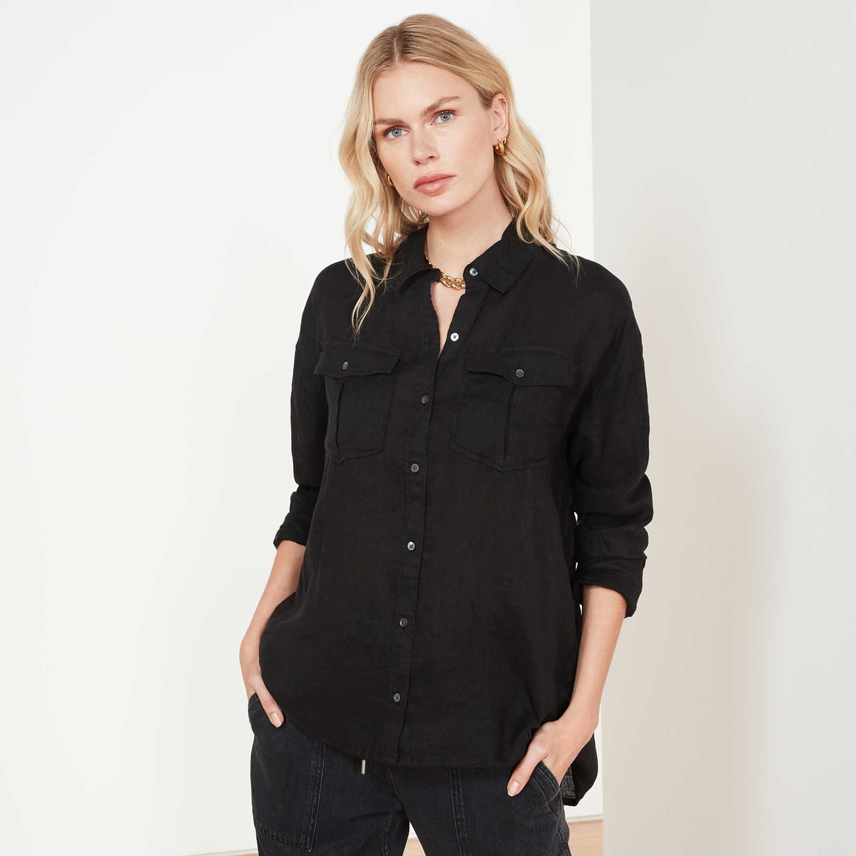 Casual Linen Shirt In Black | James Perse Los Angeles