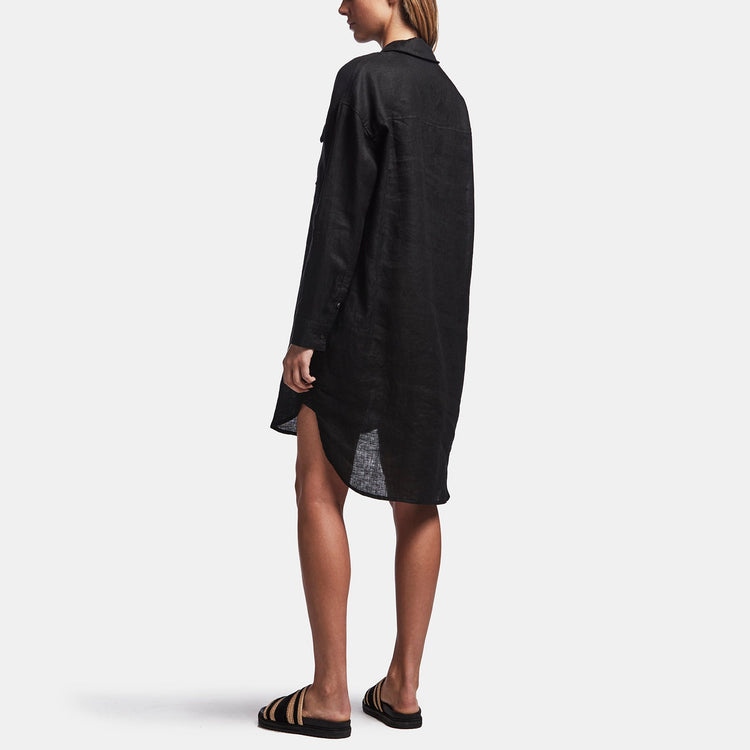 Linen Military Shirt Dress In Black | James Perse Los Angeles