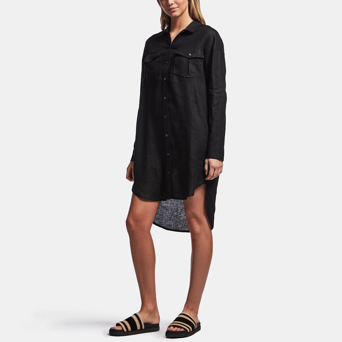 Linen Military Shirt Dress In Black | James Perse Los Angeles