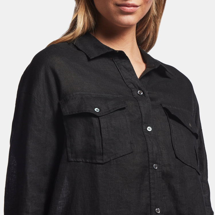 Linen Military Shirt Dress In Black | James Perse Los Angeles
