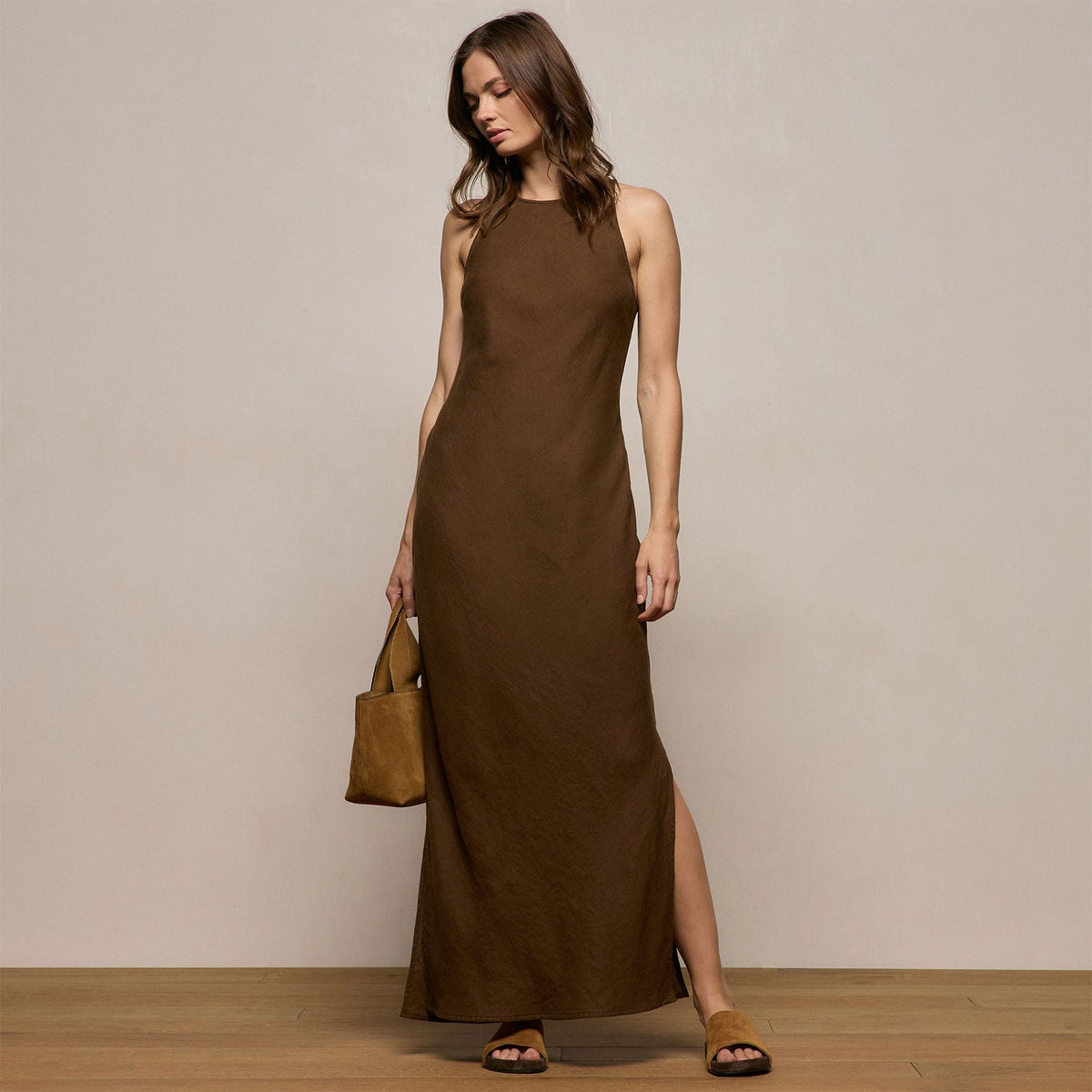Linen Halter Maxi Dress in Cocoa | James Perse Los Angeles
