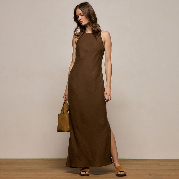 Linen Halter Maxi Dress in Cocoa | James Perse Los Angeles