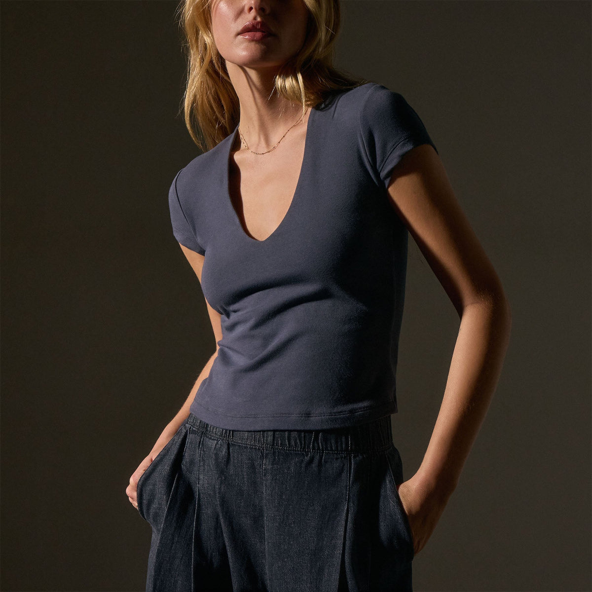 Stretch Lotus Deep V Short Sleeve Tee  in Blue Noir | James Perse Los Angeles